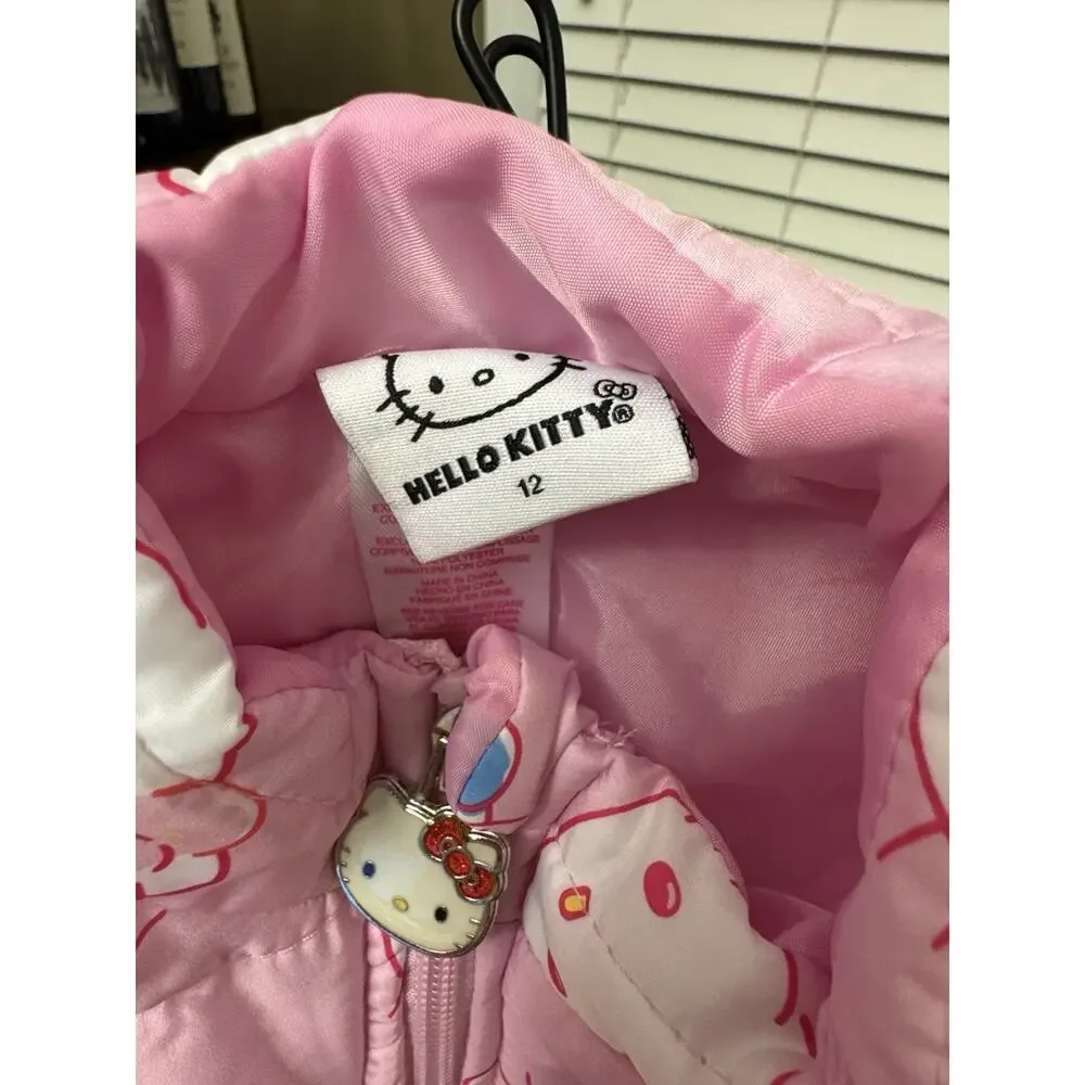 Hello Kitty Girls Pink Quilted Puffer Vest Full Zip Size 12